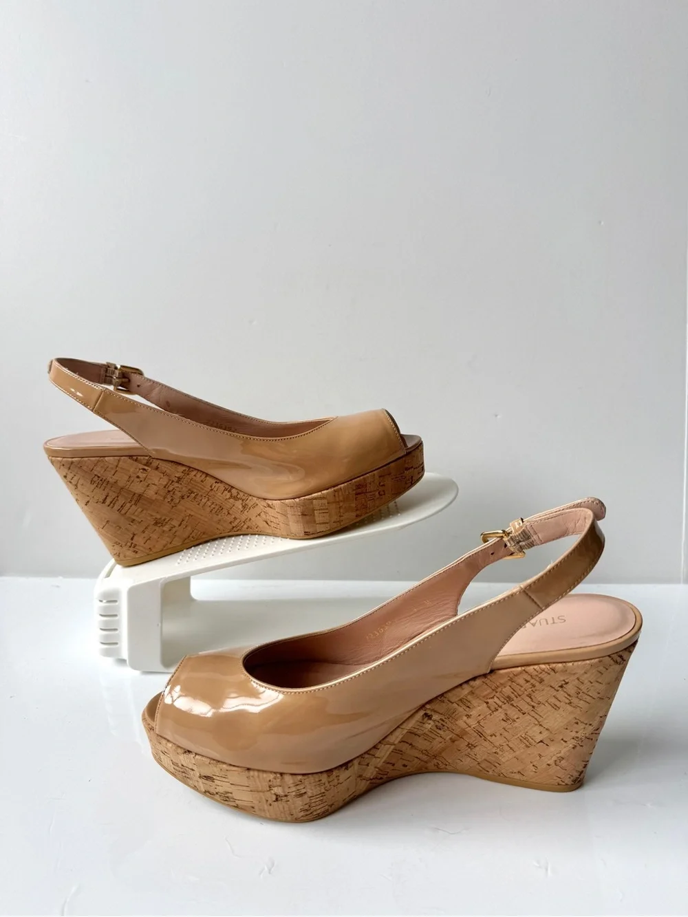 Stuart Weitzman Riviera Nude Patent Slingback Cork Platform Wedge Sandals Size 9
